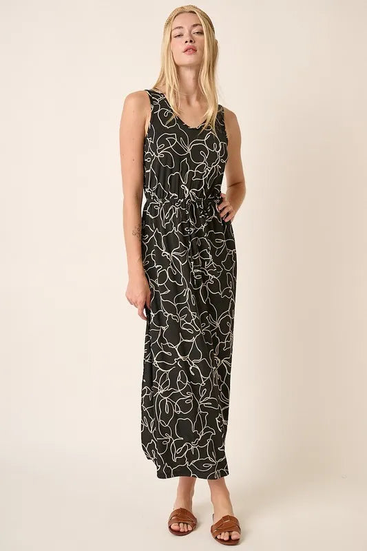 Black Mittoshop Side Slit Flower Print V Neck Sleeveless Dress
