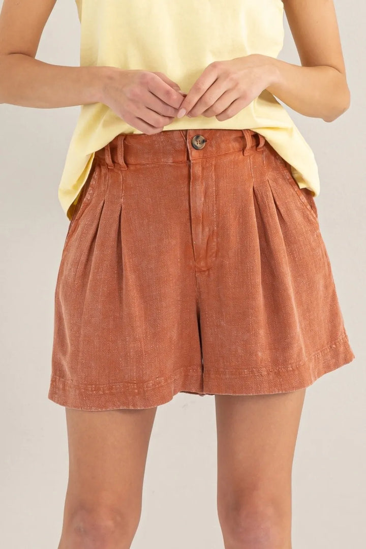 Baked Clay Hyfve High Waist Pleated Linen Shorts 2
