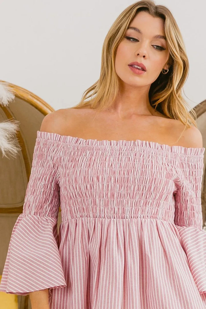 Blush Bibi Smocked Off Shoulder Striped Dress