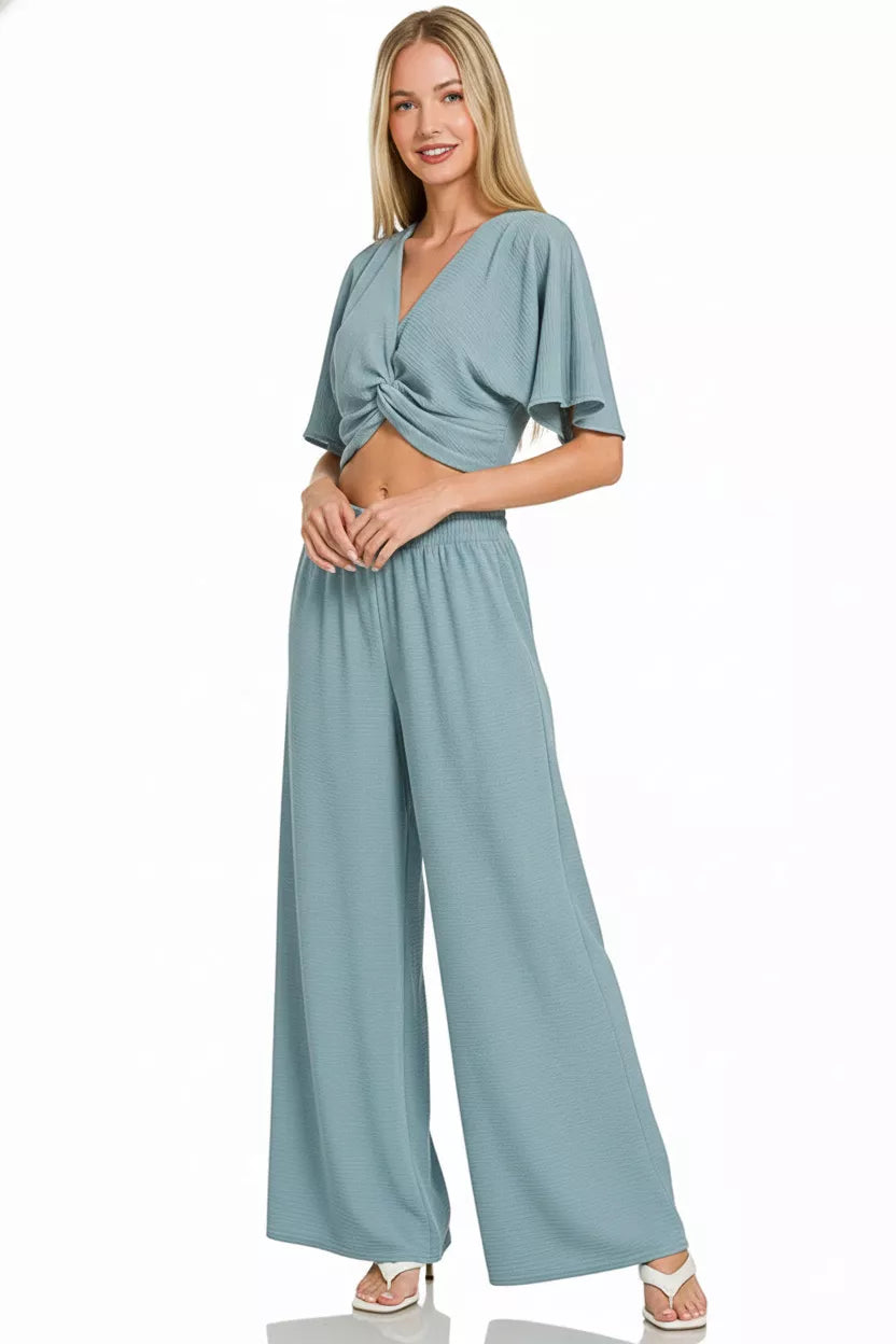 Blue Grey Zenana Woven Airflow Twisted Top Wide Leg Pants Set 3