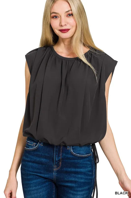Black Zenana Woven Drawstring Tie Side Sleeveless Top 3