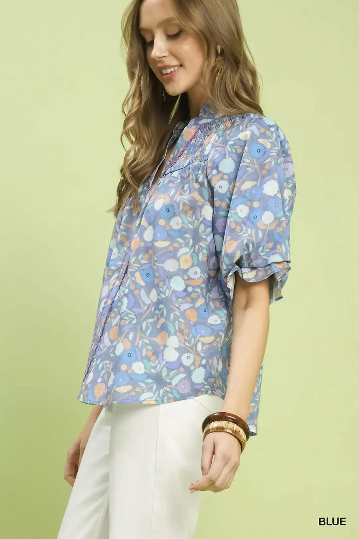 Blue Umgee Smocked Floral Ruffle Trim Top