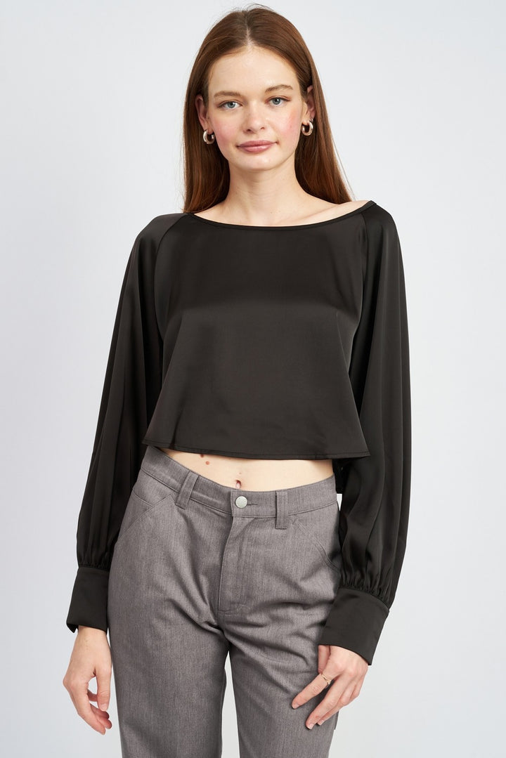 Tan Long Sleeve Satin Blouse
