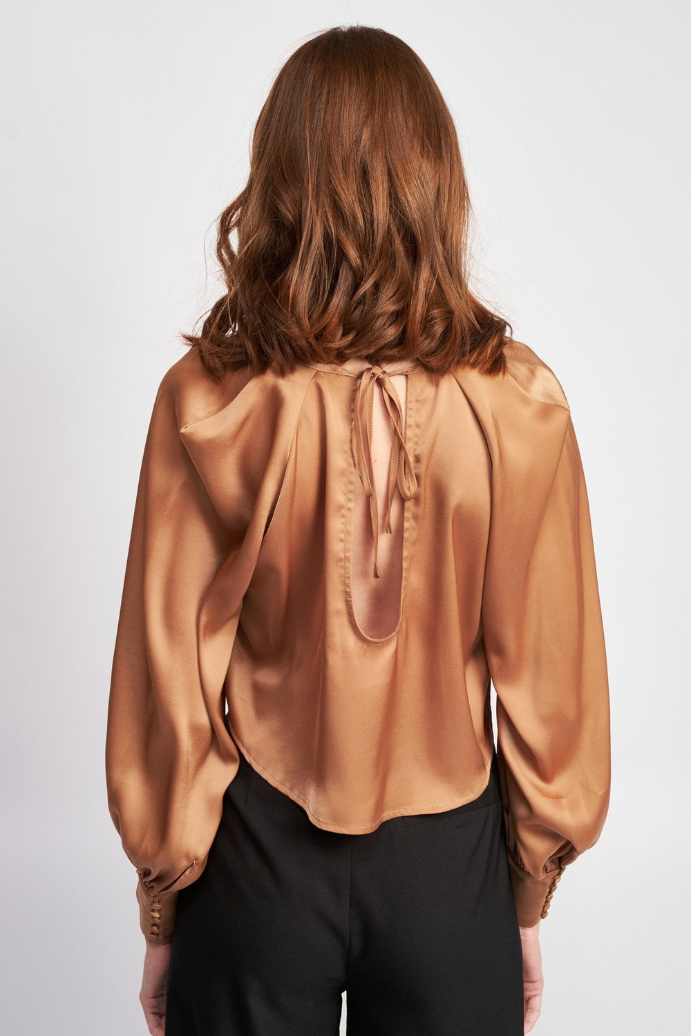 Tan Long Sleeve Satin Blouse