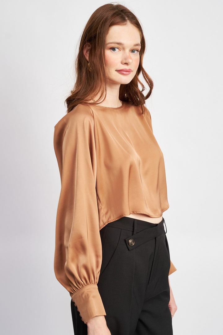 Tan Long Sleeve Satin Blouse