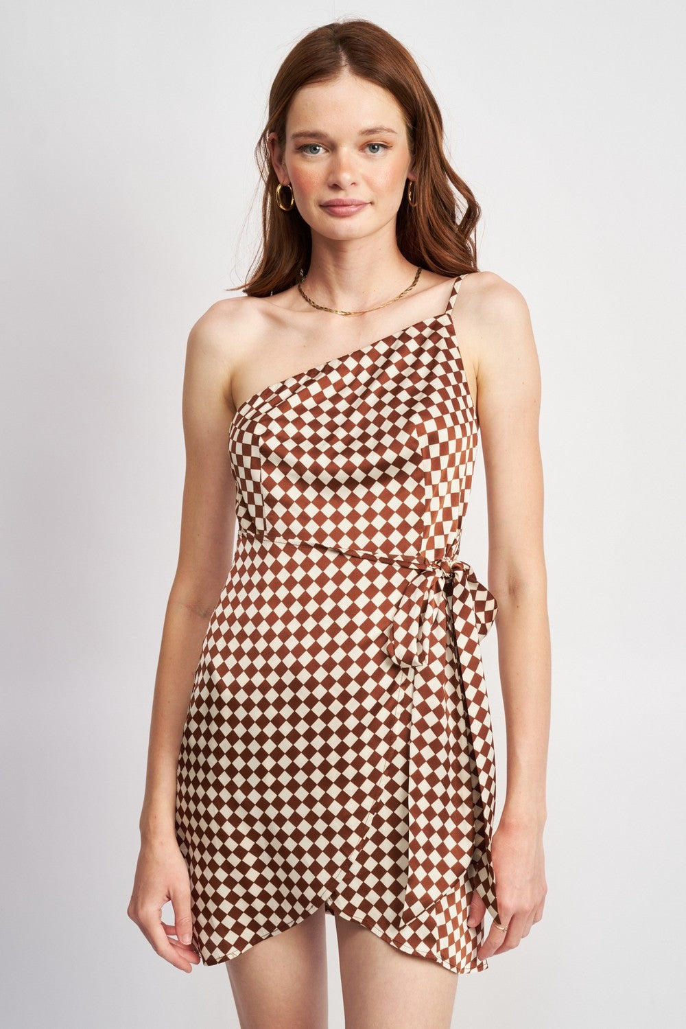 Brown One Shoulder Wrapped Mini Dress