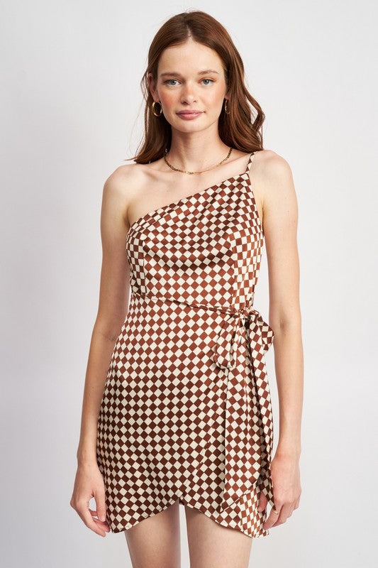 Brown One Shoulder Wrapped Mini Dress