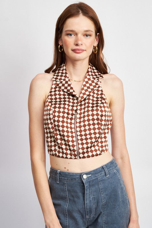 Brown Zip Front Halter Neck Crop Top