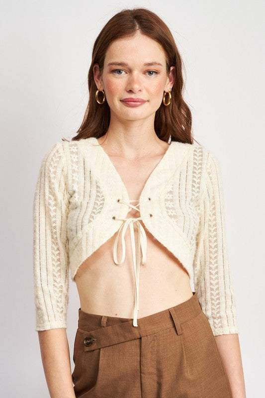 Ivory Lace Knit Cropped Top With Eyelet Detail