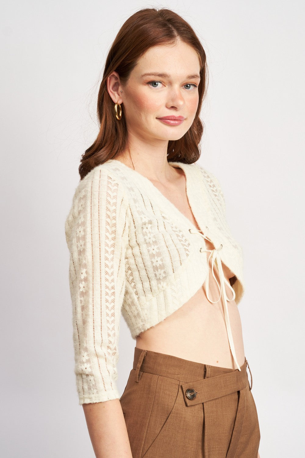 Lace Knit Cropped Top With Eyelet Detail