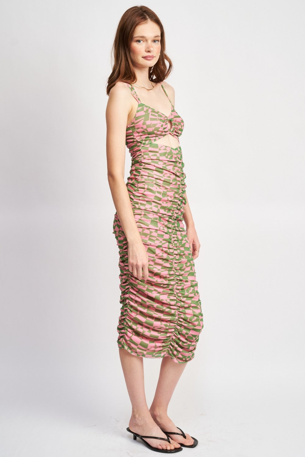 Spaghetti Strap Ruched Dress With Cut Out