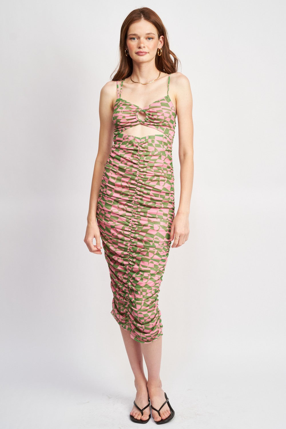 Pink-Green Spaghetti Strap Ruched Dress With Cut Out