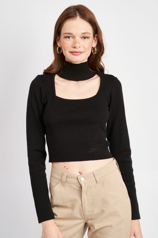 Olive Turtle Neck Crop Top Wtih Cut Out