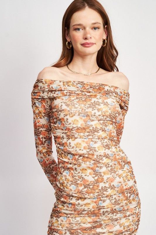 Nude Floral Off Shoulder Printed Floral Dress