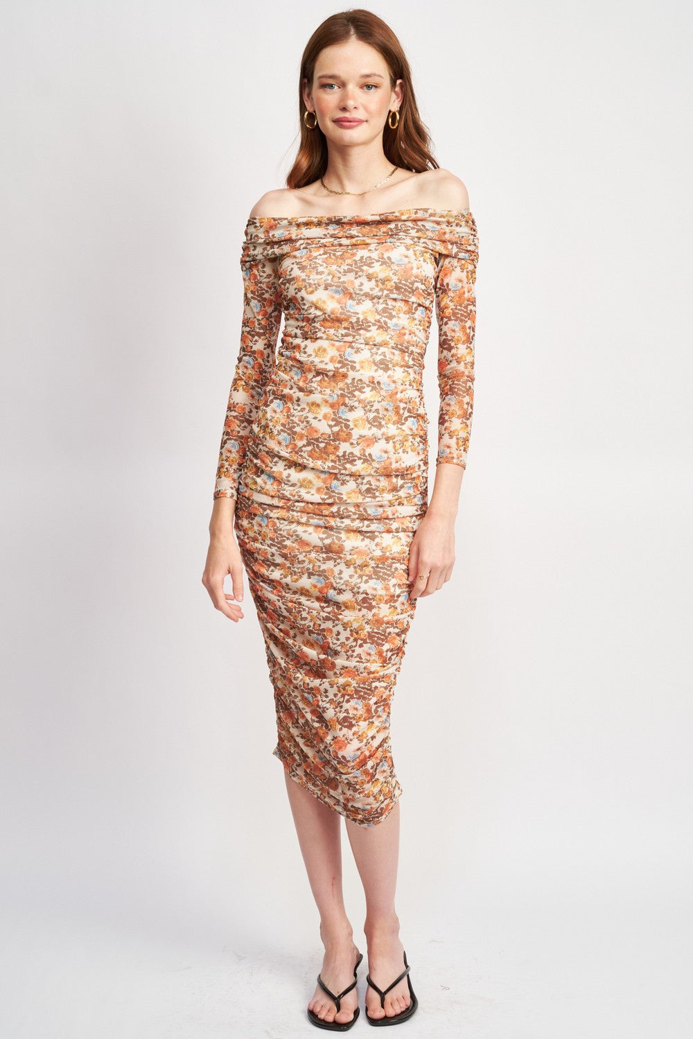 Nude Floral Off Shoulder Printed Floral Dress