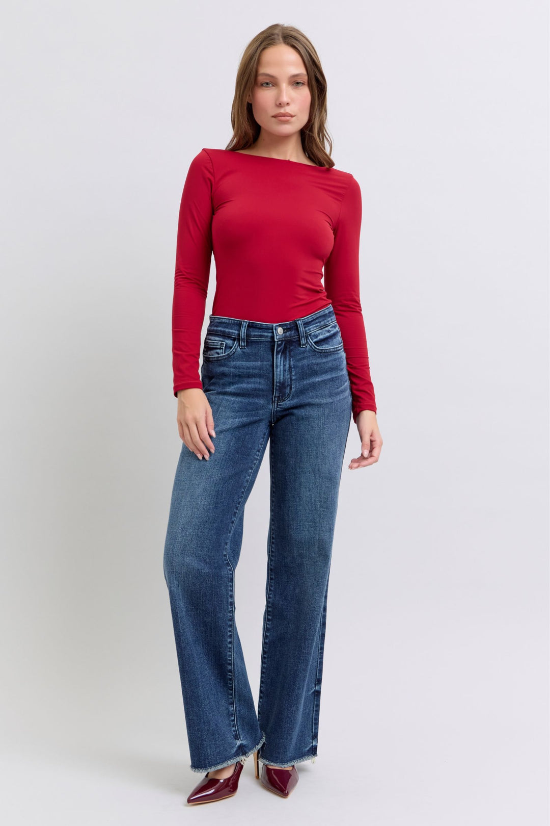 Dark Judy Blue Full Size Raw Hem Mid Rise Jeans