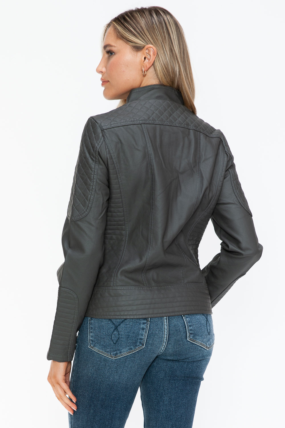 Charcoal Snobbish Faux Leather Zip Up Mock Neck Jacket