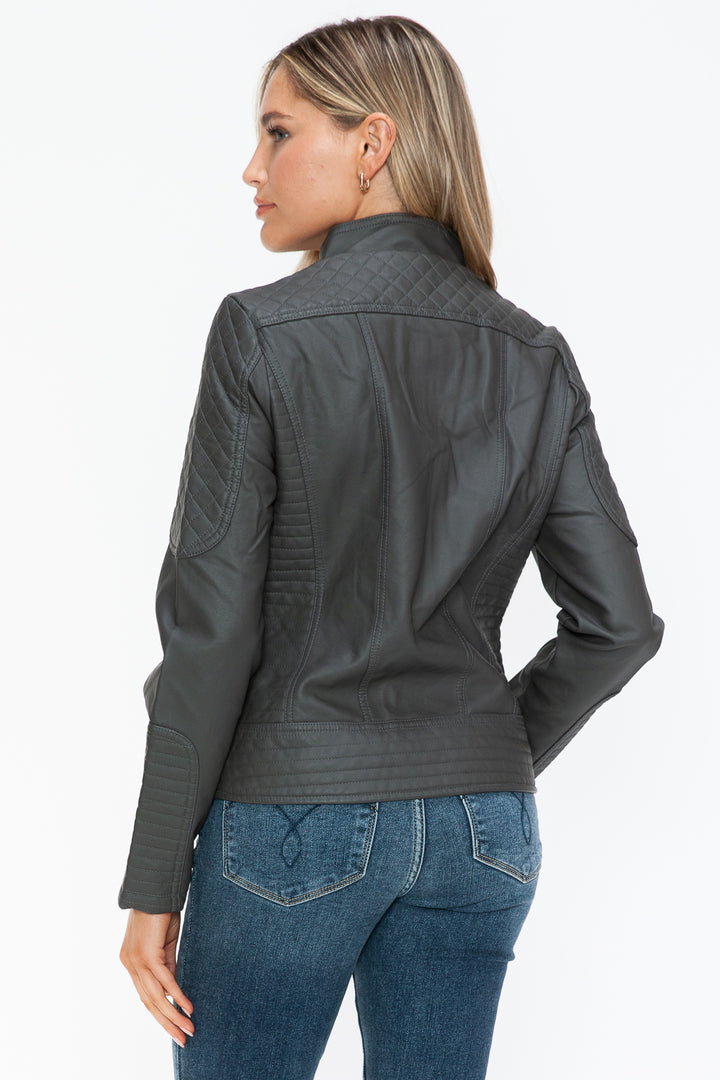 Charcoal Snobbish Faux Leather Zip Up Mock Neck Jacket