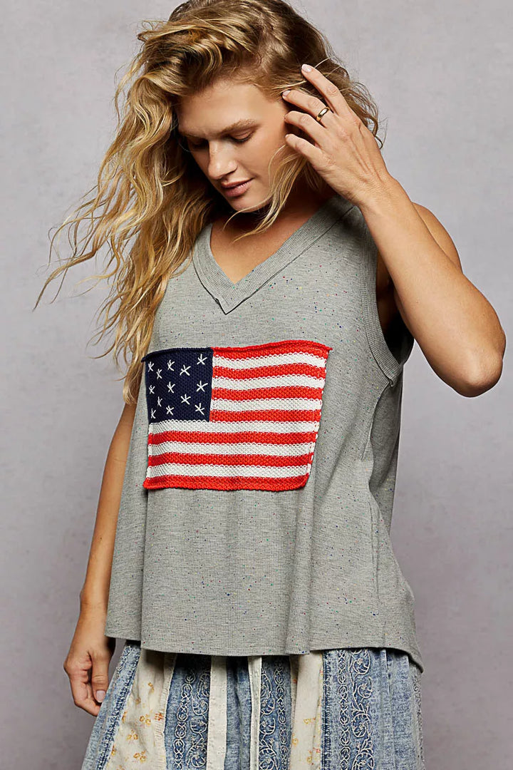 Heather Grey Pol V Neck Ribbed Tank With American Flag Patch And Star Back Patch 4
