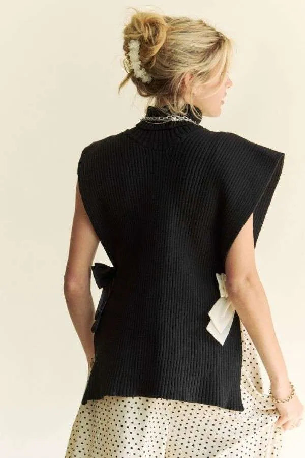Black Davi Dani Side Split Turtleneck Sleeveless Knit Top