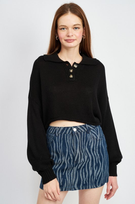 Black Button Up Boxy Cropped Sweater