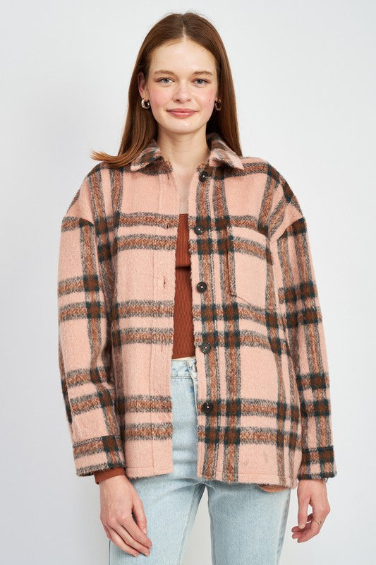 Rose Plaid Oversized Plaid Jacket With Fringe