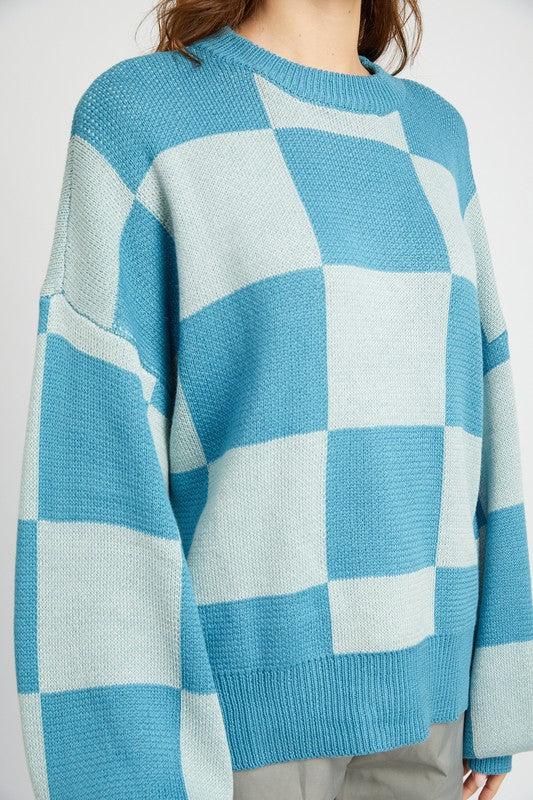 Blue Checkered Sweater With Bubble Sleeves