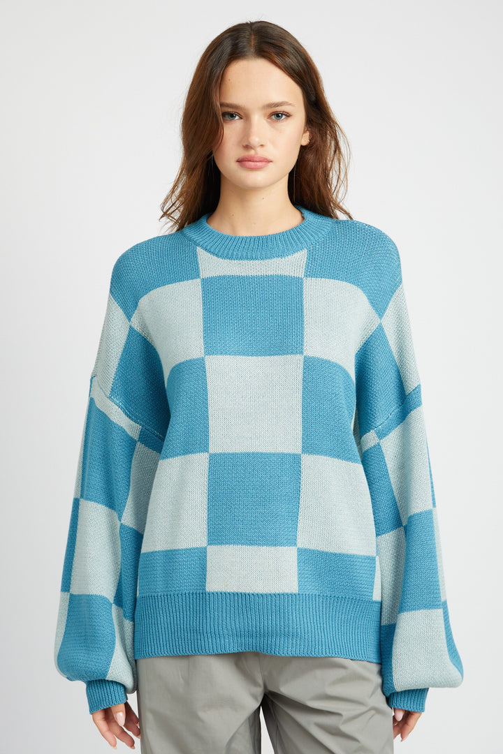 Blue Checkered Sweater With Bubble Sleeves
