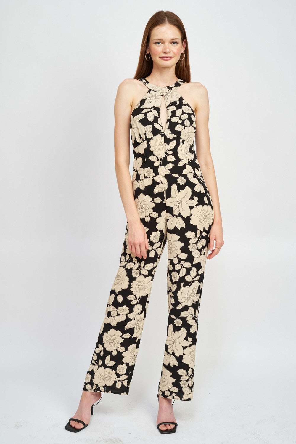Black/ White Floral Halterneck Jumpsuit With Open Back