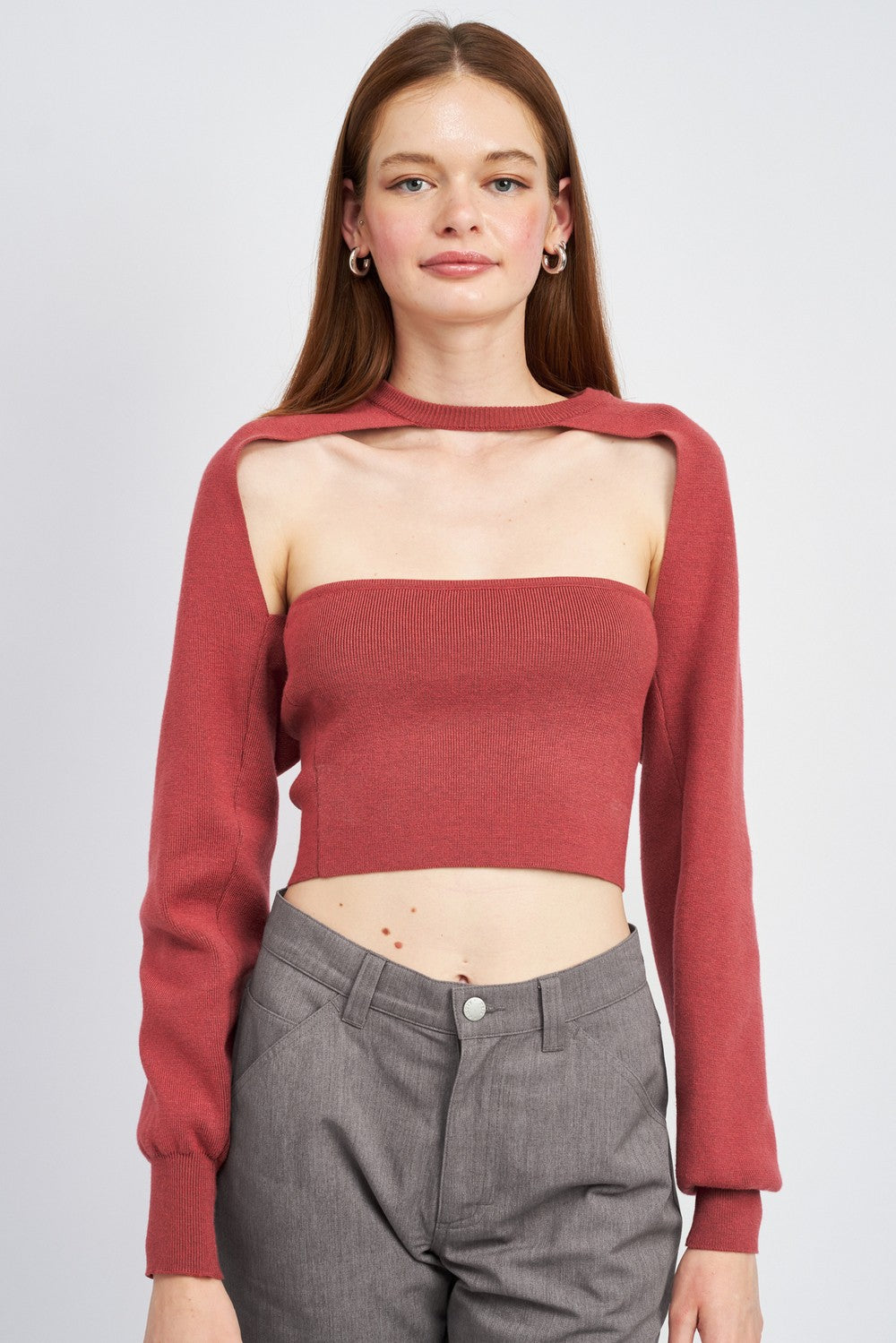 Dark Brown Tube Top And Sweater Top Set