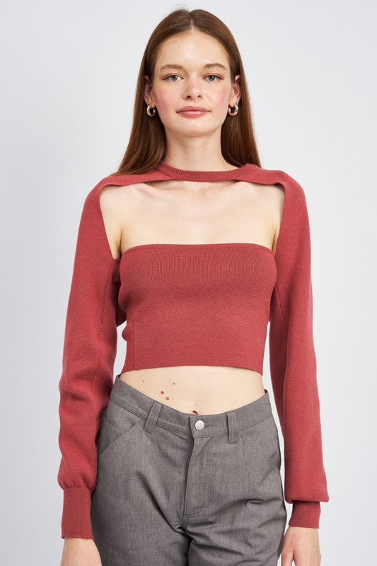 Dark Brown Tube Top And Sweater Top Set