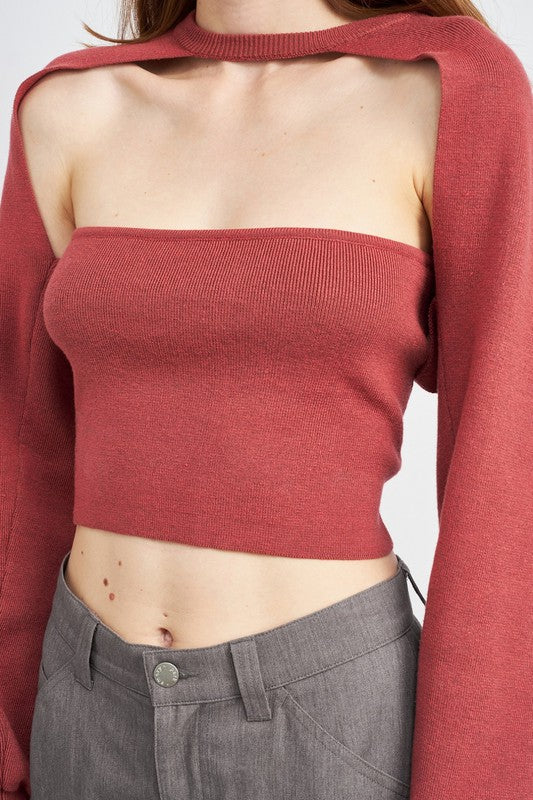 Dark Rose Tube Top And Sweater Top Set