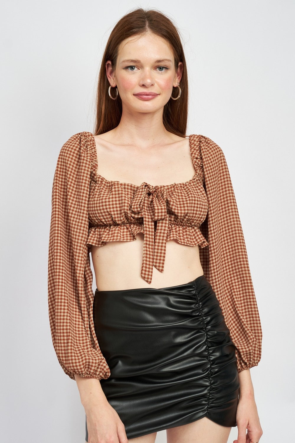 Brown Gingham Square Neck Crop Top With Ruffle Detail