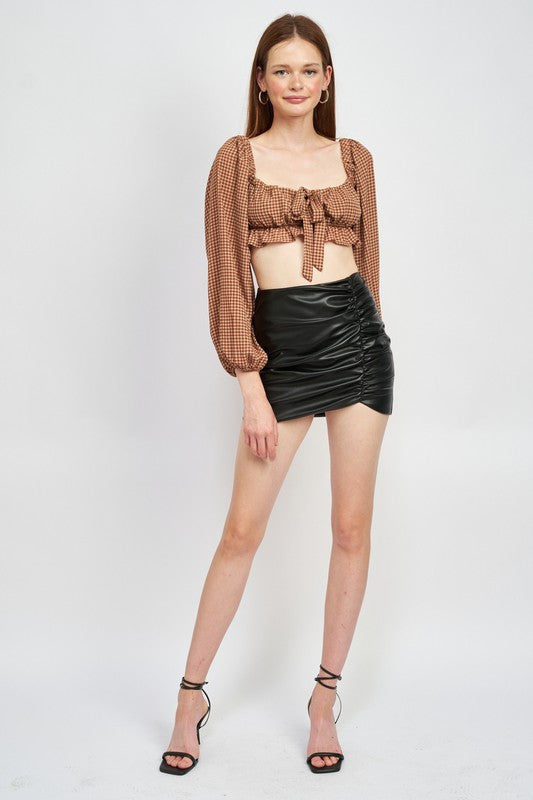Gingham Square Neck Crop Top With Ruffle Detail