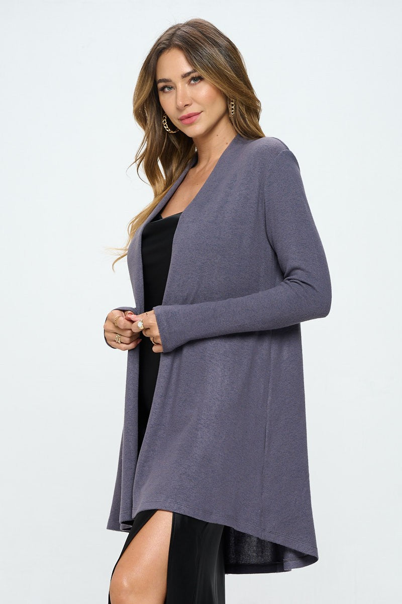 Dark Cement Brushed Knit Draped Cardigan With Cashmere Feel 6