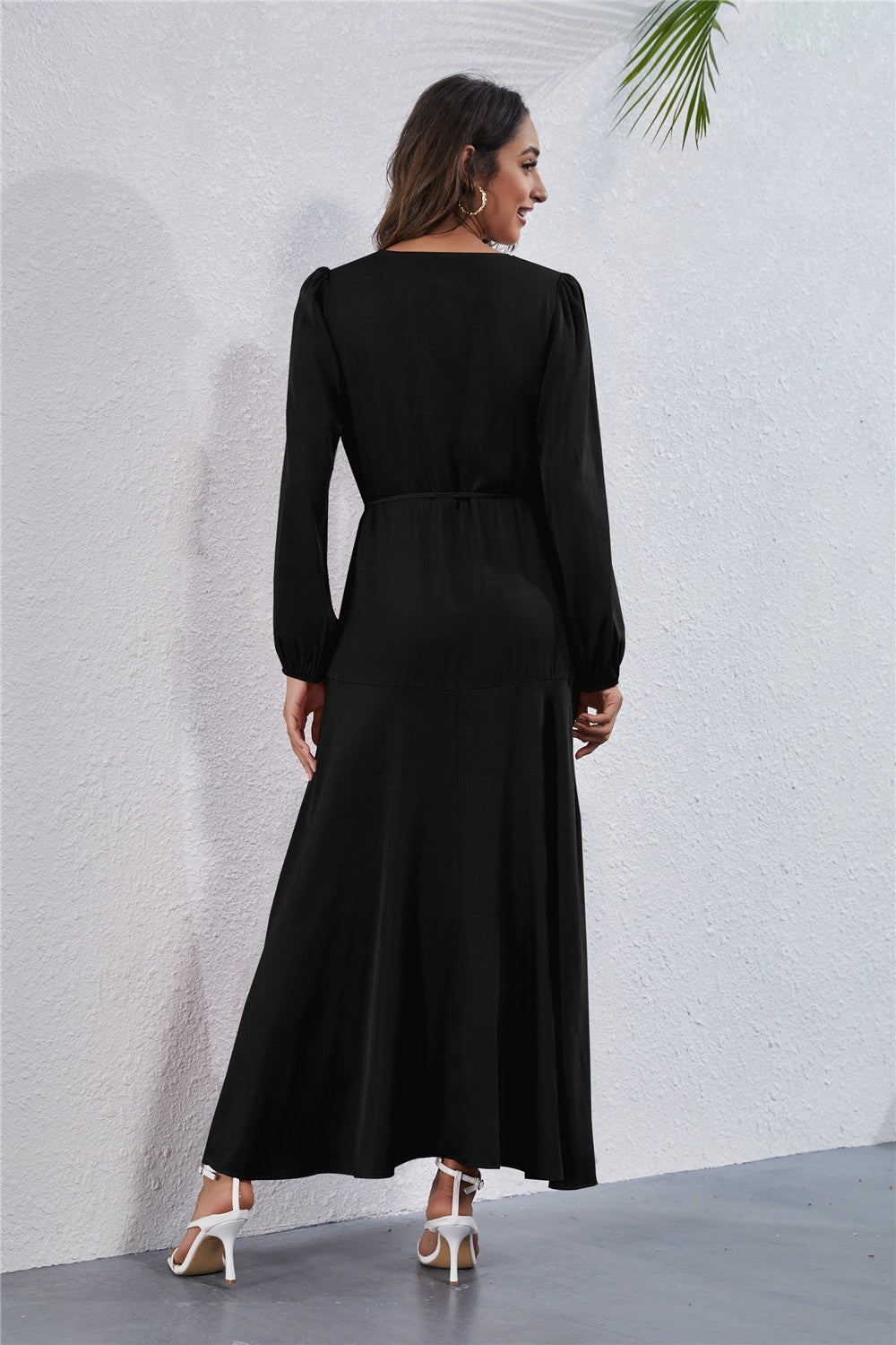 Black Womens V Neck Long Sleeve Maxi Dress
