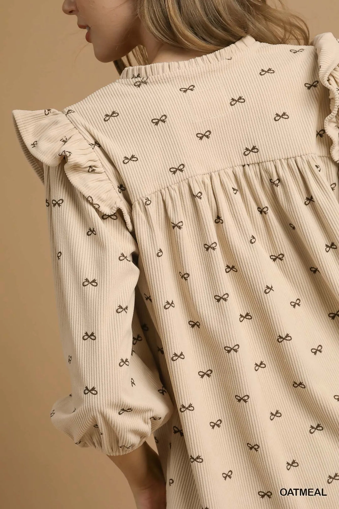 Umgee Bow Print Corduroy Puff Sleeve Blouse With Ruffled