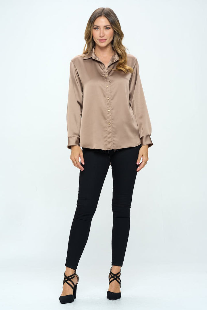 Dune Stretch Satin V Neck Blouse With Collar