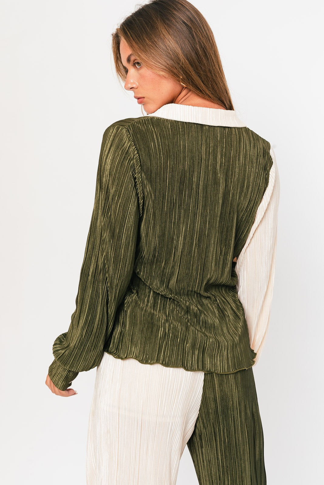 Olive-Cream Long Sleeve Collared Top