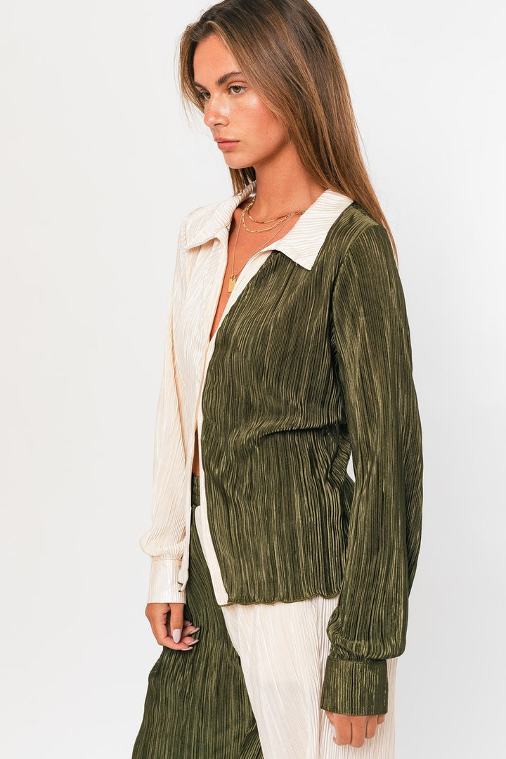 Olive-Cream Long Sleeve Collared Top