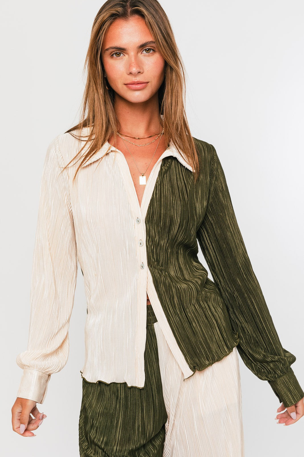 Olive-Cream Long Sleeve Collared Top