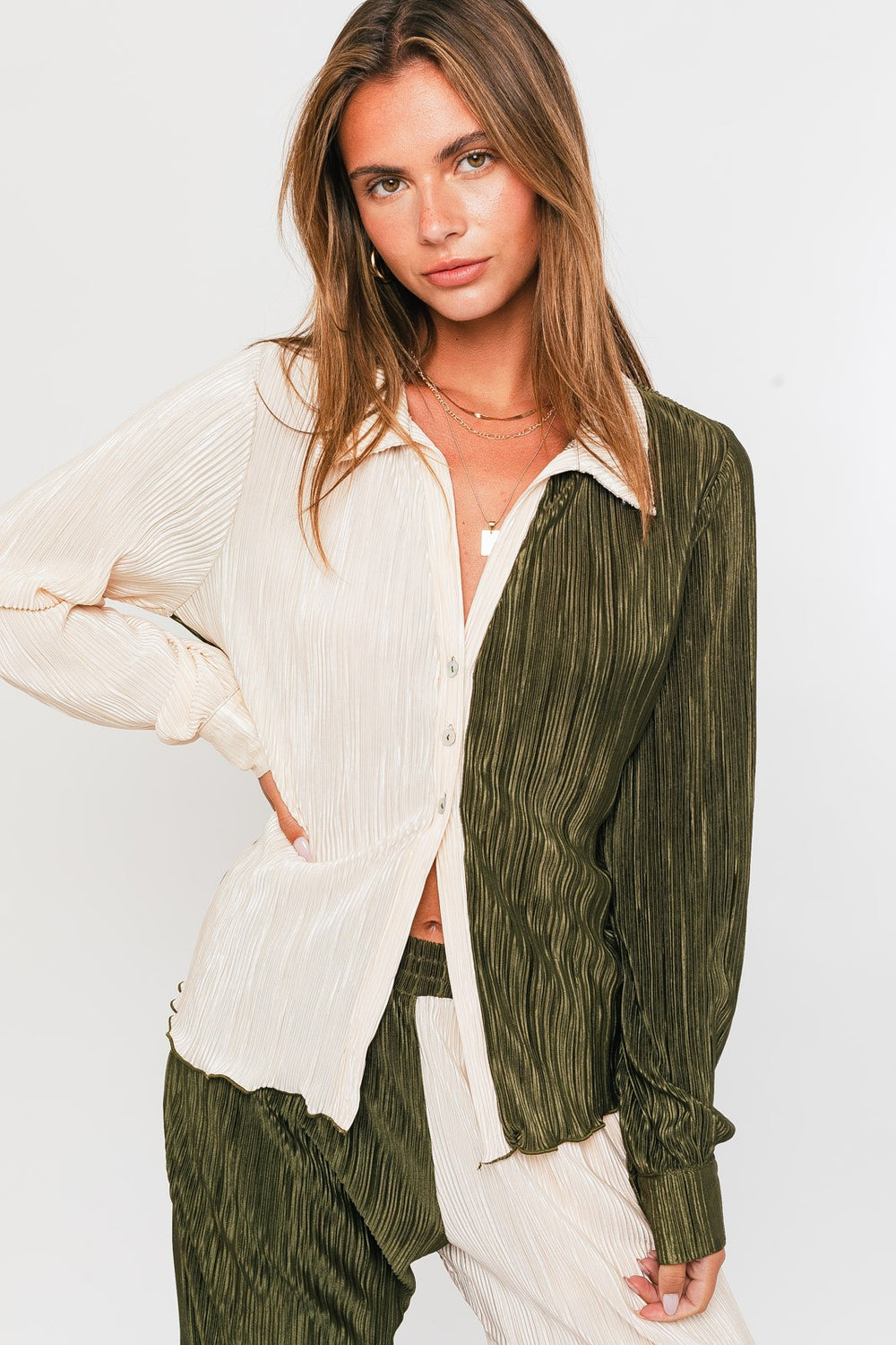 Olive-Cream Long Sleeve Collared Top