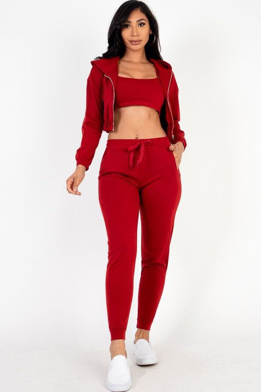 Heather Grey Cropped Cami With Zip Up Jacket And Joggers Set