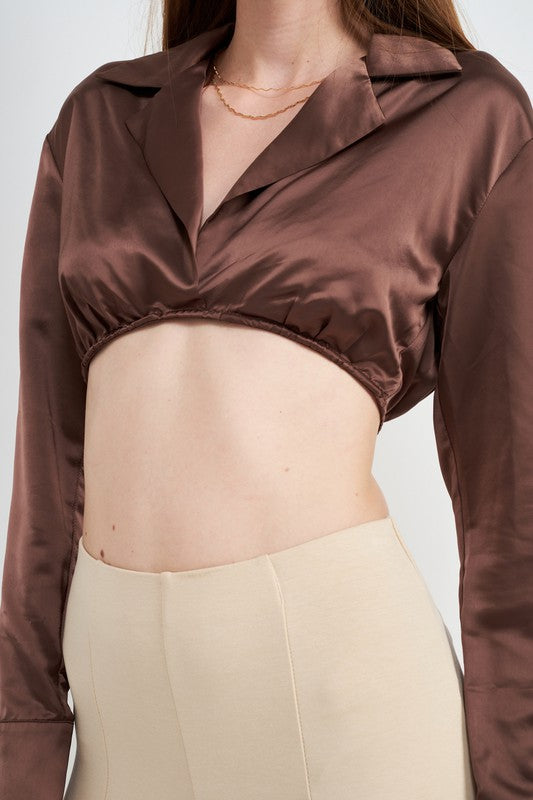 Brown Long Sleeve Collared Crop Top With Underwire