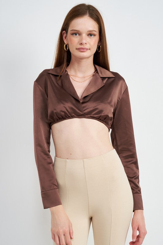 Brown Long Sleeve Collared Crop Top With Underwire