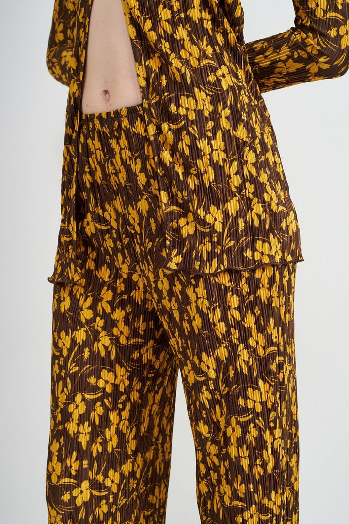 Brown Micro Pleat Lounge Printed Pants