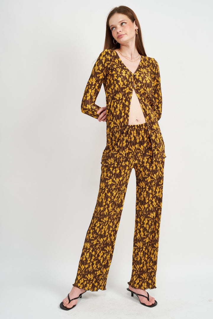 Brown Micro Pleat Lounge Printed Pants