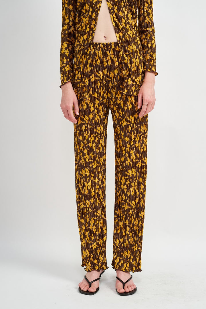 Brown Micro Pleat Lounge Printed Pants