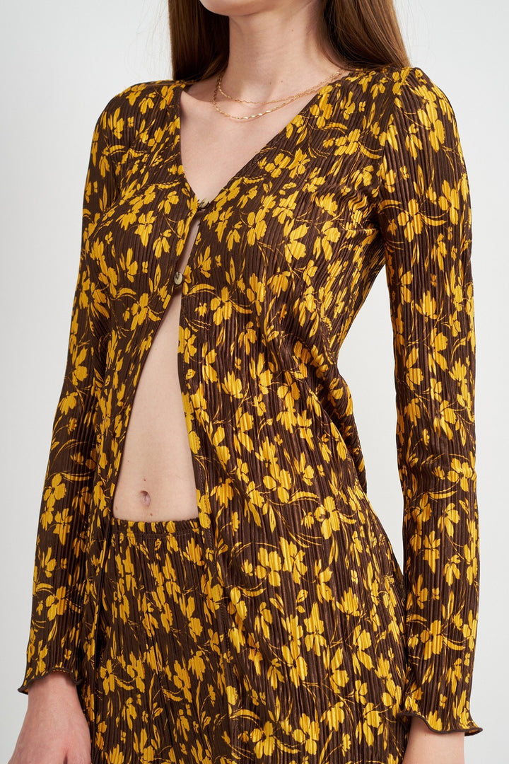 Brown Button Front Printed Plisse Top