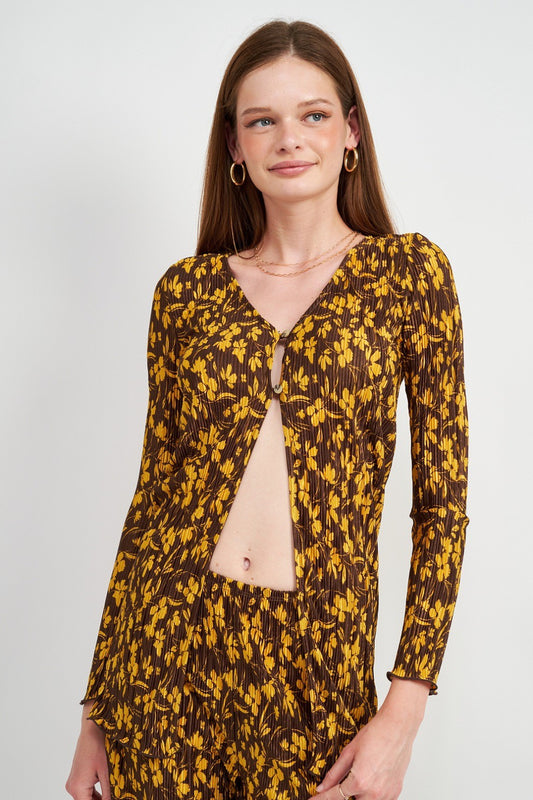 Brown Button Front Printed Plisse Top